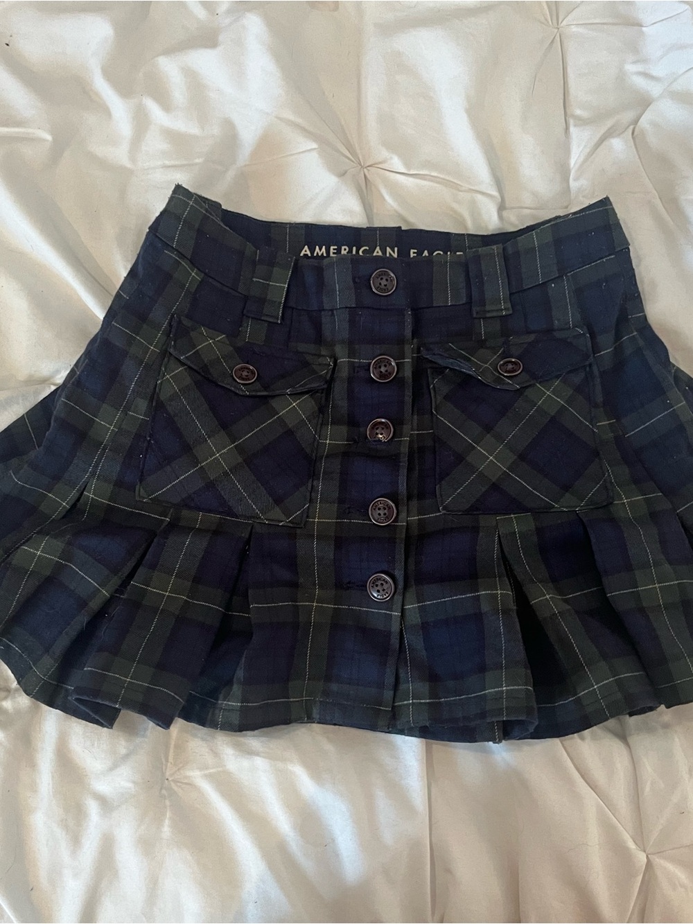 American Eagle Outfitters Navy and Green Plaid Pleated Mini Skirt